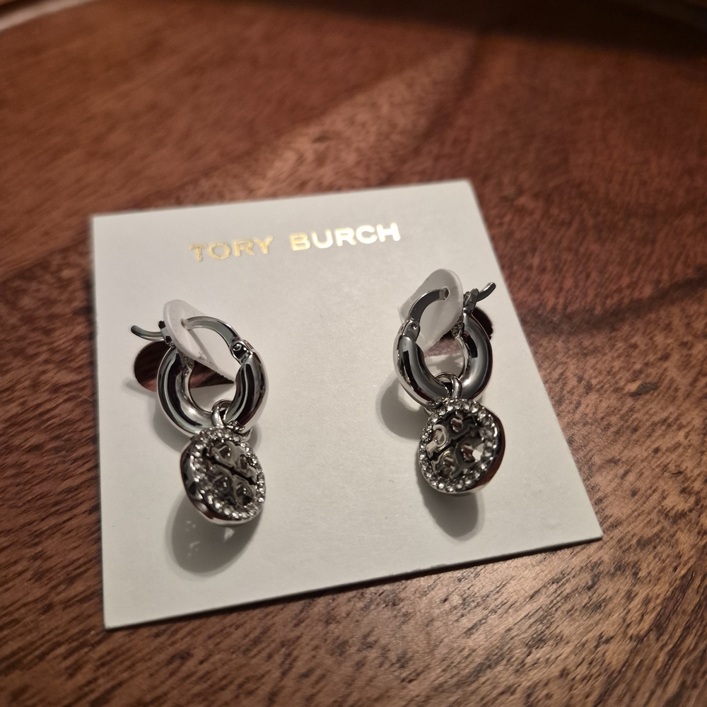 Tory Burch Silver Hoop With Double T Dangle Earrings